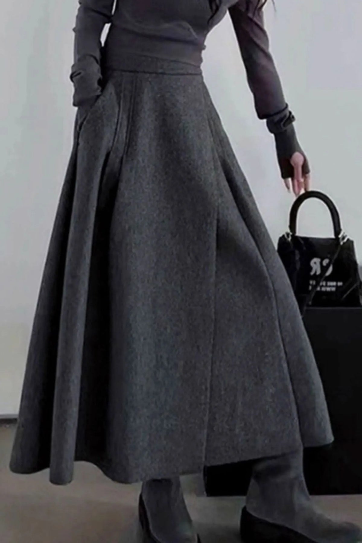 Gray Wool Maxi Skirt - A-Line Silhouette with Pockets 4757