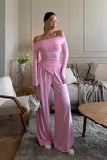 Off Shoulder Knit Top Wide Leg Pants Set