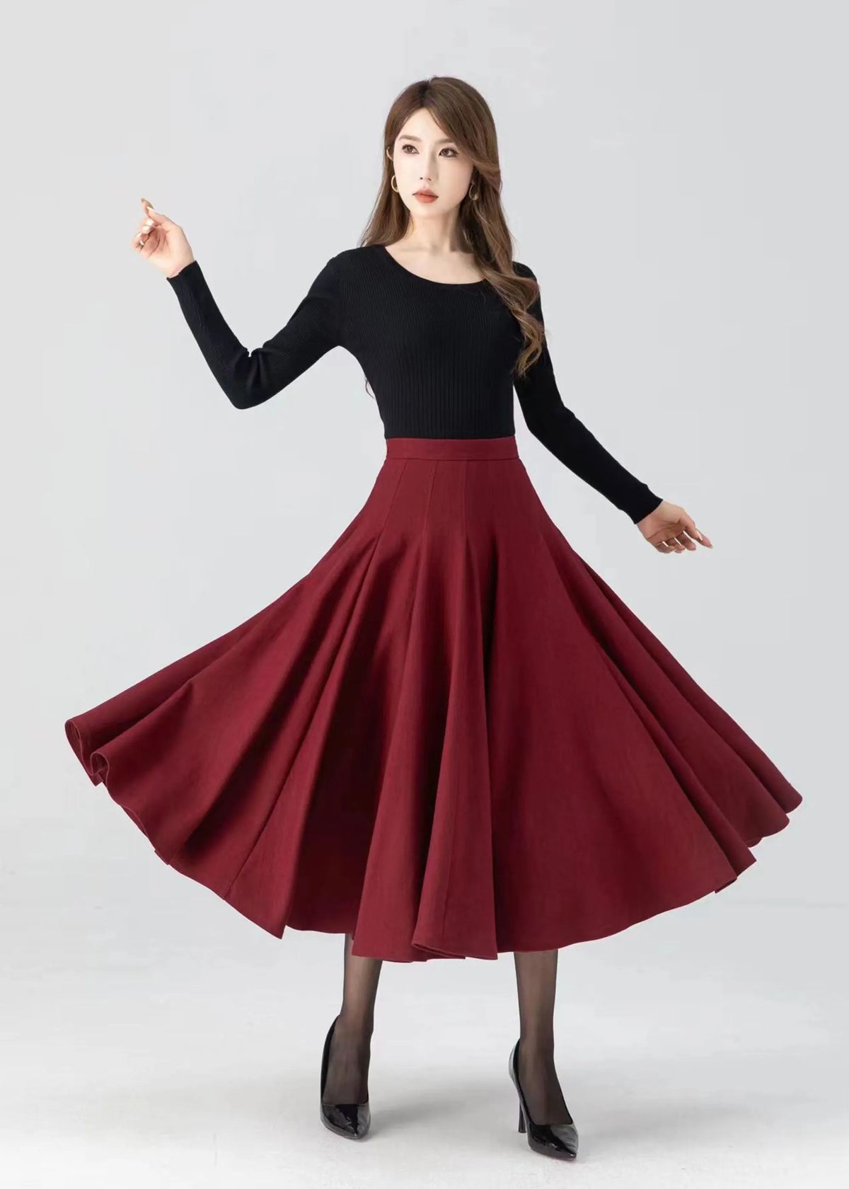Women's Red Wool Swing Midi Skirt – Warm Winter Pleated High Waist Skirt 
