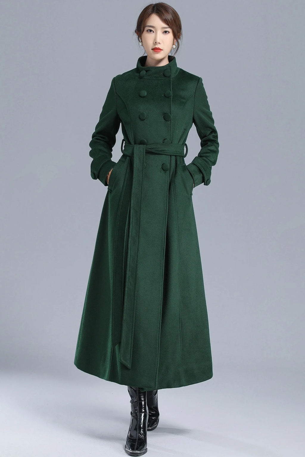 Green Wool Long Coat - Double Breasted with Belt 3214