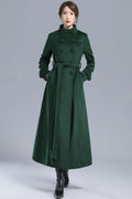 Green Wool Long Coat - Double Breasted with Belt 3214