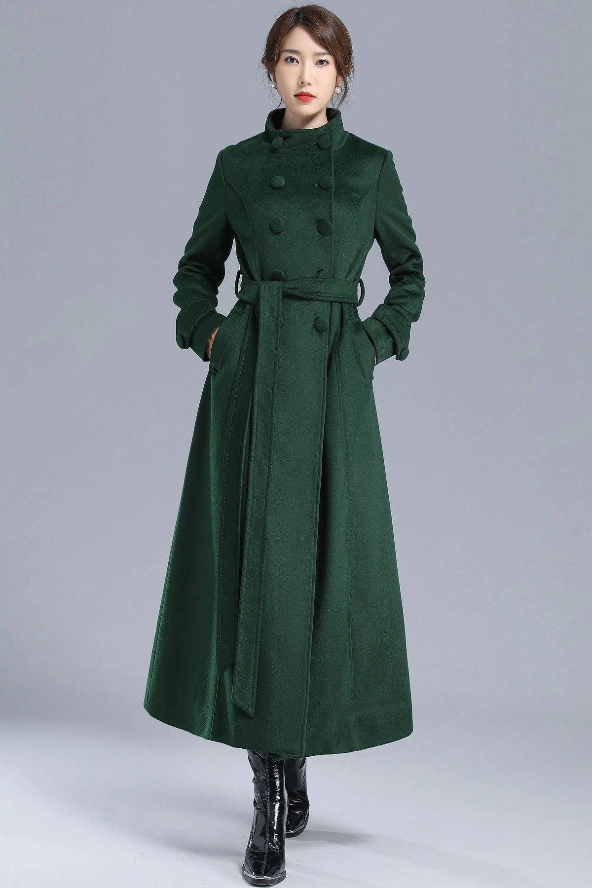 Green Wool Long Coat - Double Breasted with Belt 3214