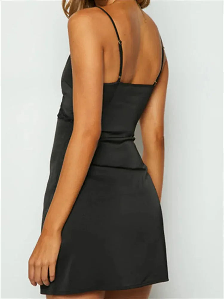 Retro Lace Patchwork V neck Sleeveless Strap Mini Dress