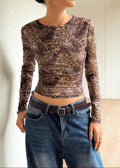 Mesh Sheer Leopard Print Slim Fit Long Sleeve Tee