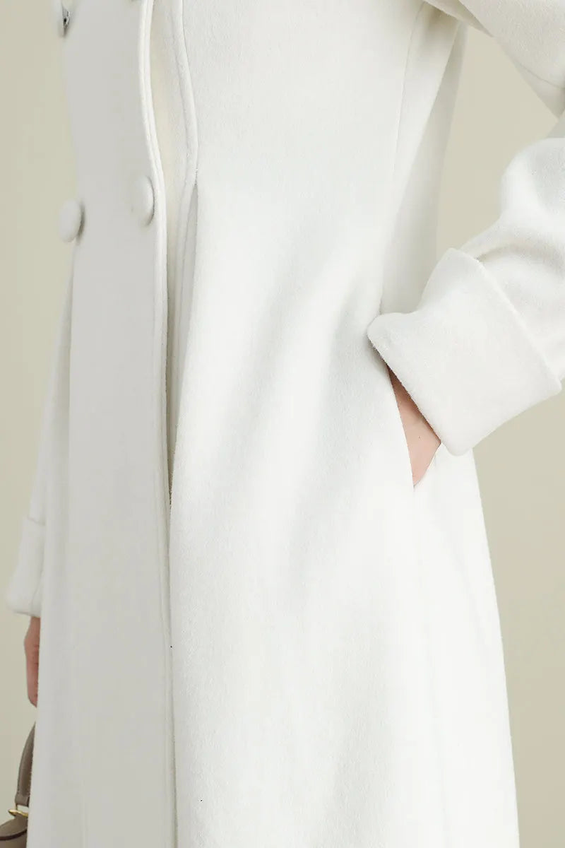 Xiaolizi White Long Wool Coat for Women – Handmade Double Breasted Winter Wedding Coat 3903