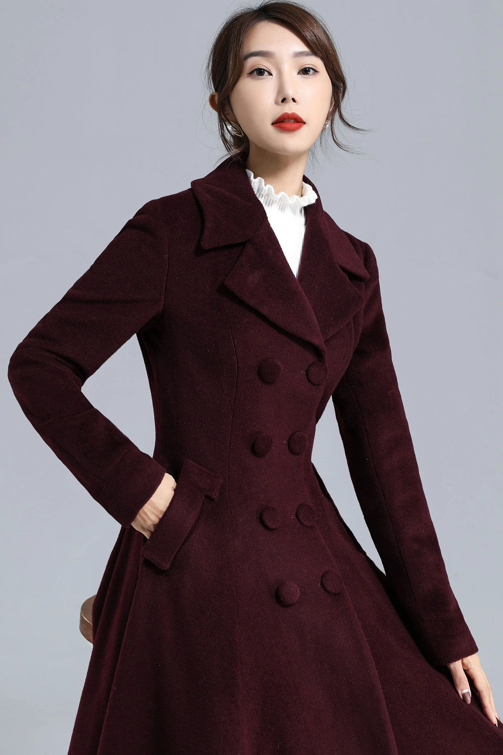 Burgundy Wool Swing Coat – Vintage 1950s Double Breasted Long Overcoat 3239