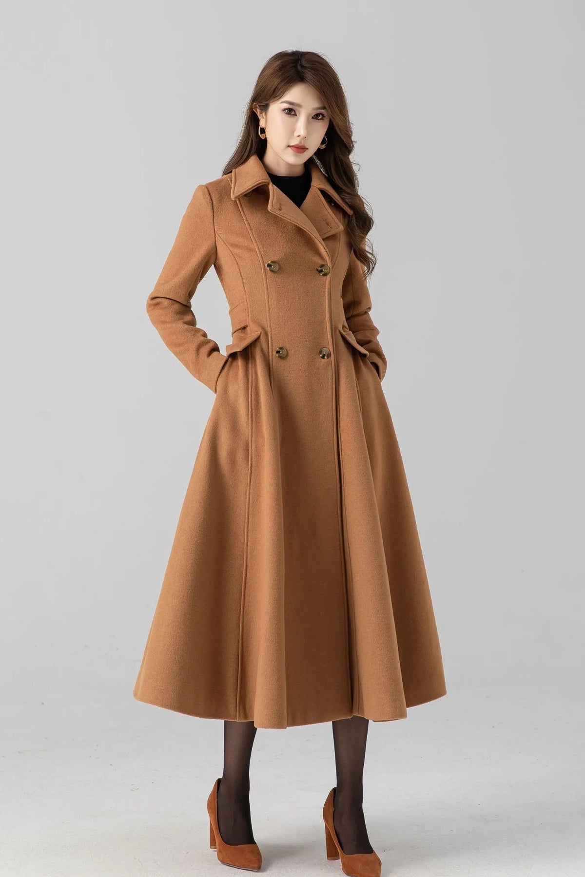 Camel Wool Swing Coat – Vintage Double Breasted Long Winter Overcoat 4668