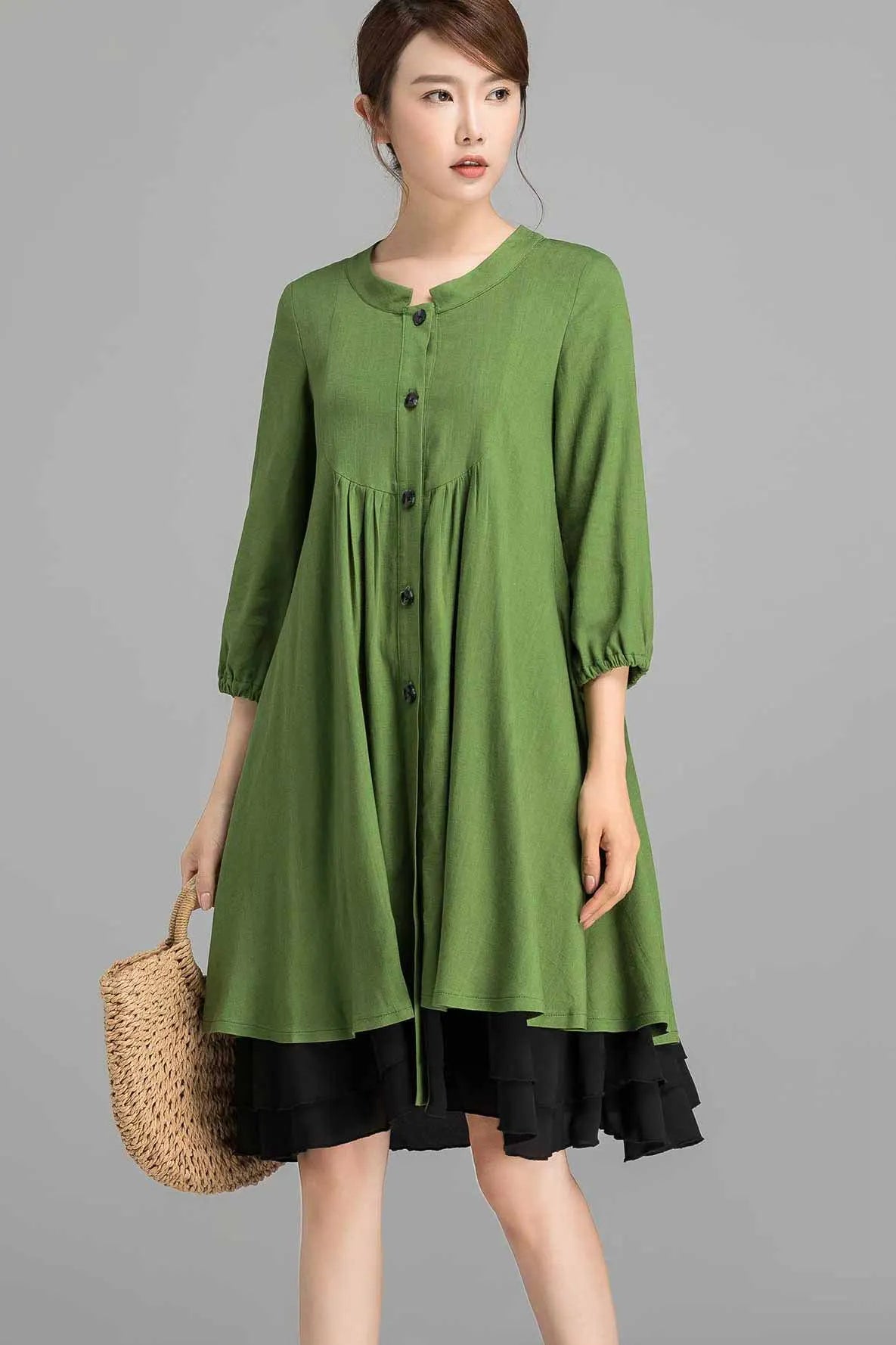 Army Green Linen Shirt Dress - Bishop Sleeve, Oversized Tunic 2356