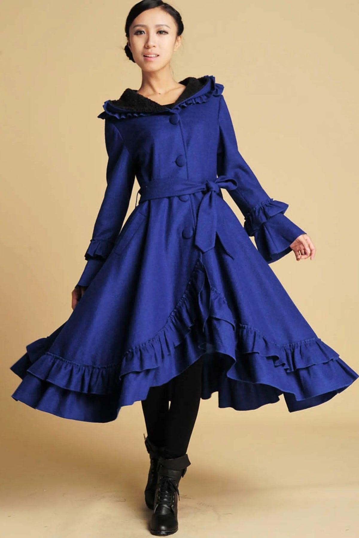 Royal Blue Wool Maxi Coat – Hooded Winter Overcoat with Ruffle Hem 380