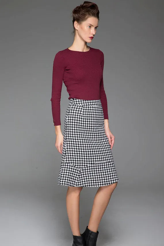 Black and White Wool Fishtail Skirt - Knee Length, Slim Fit 1439