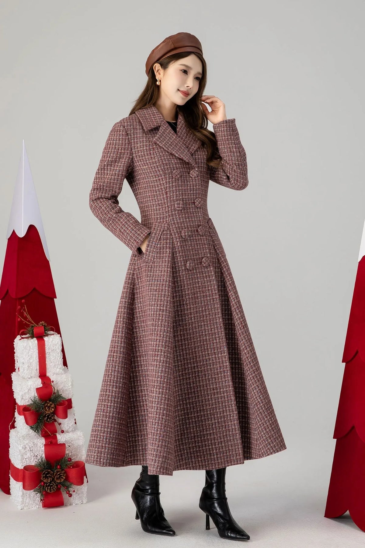 Plaid Wool Coat Maxi - Fit and Flare Double Breasted 4614
