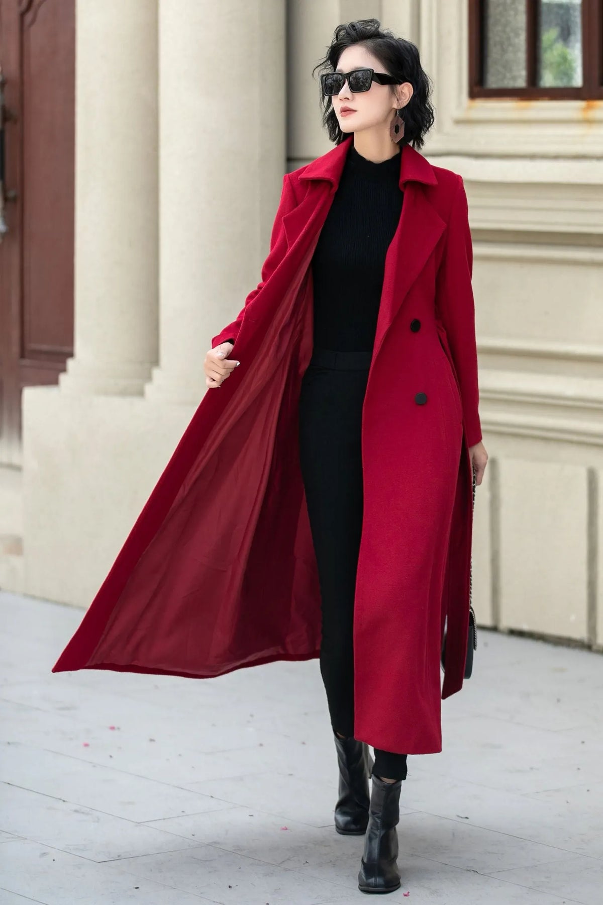 Red Wool Maxi Coat - Double-Breasted Fit & Flare Silhouette 5348