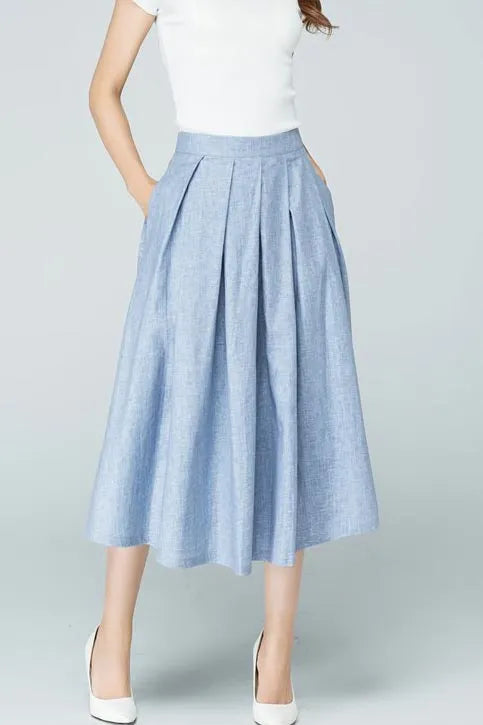 Blue Linen Cotton Blend A-Line Midi Skirt - Pleated Elegance 1591