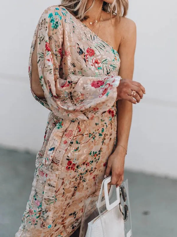 Printed Sloping Shoulder Slit Ruffle Dress
