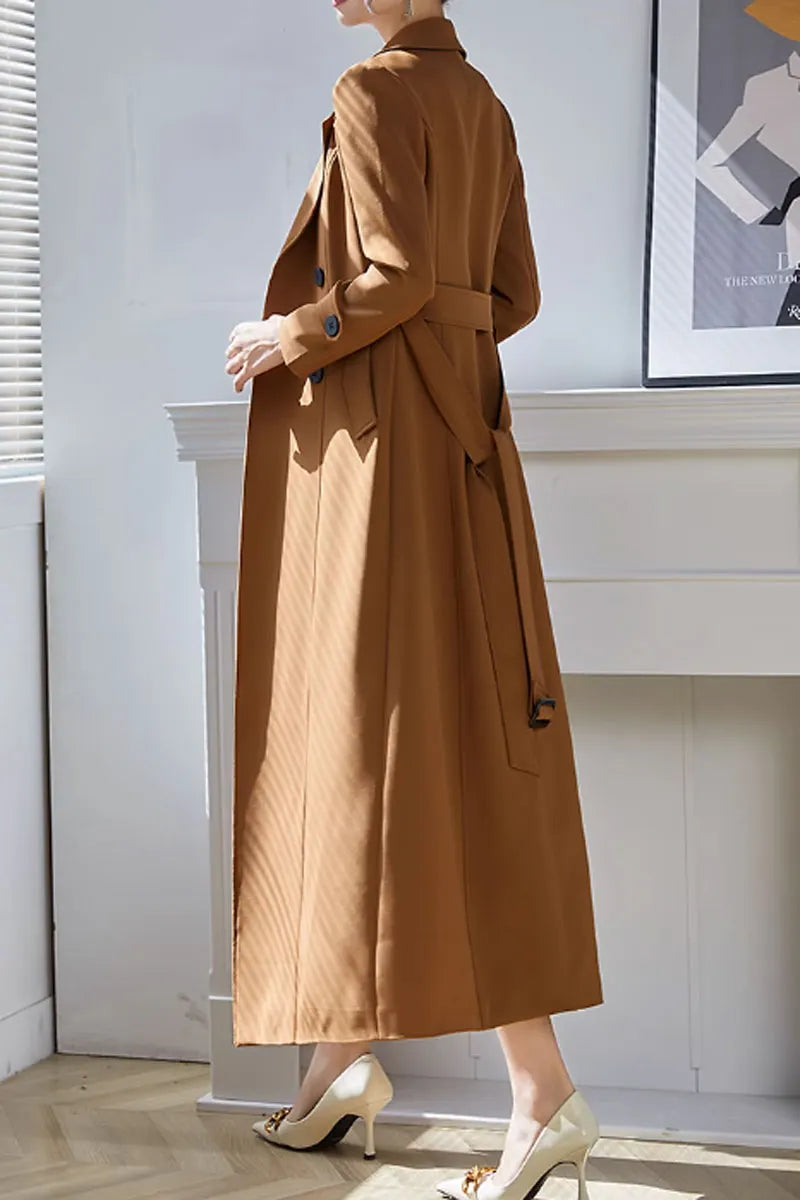 Camel Polyester Maxi Trench Coat - Tie Belt Waist, Lapel Collar 4600