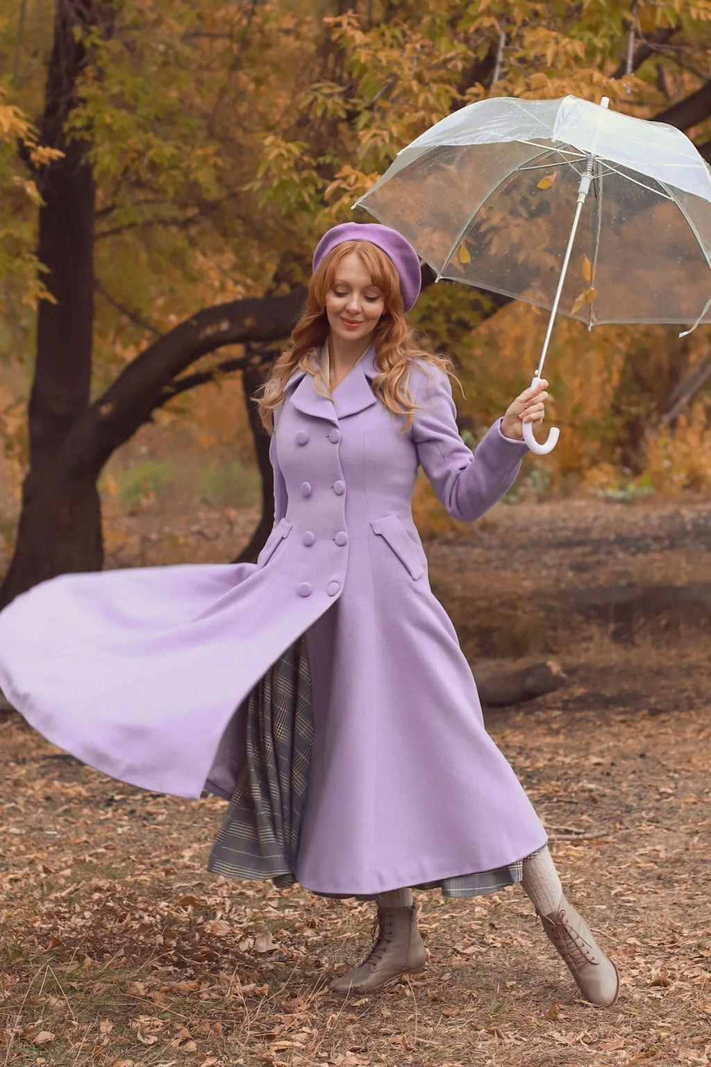 Lilac Wool Coat - Double Breasted, Mid-Calf Elegant Outerwear 3215