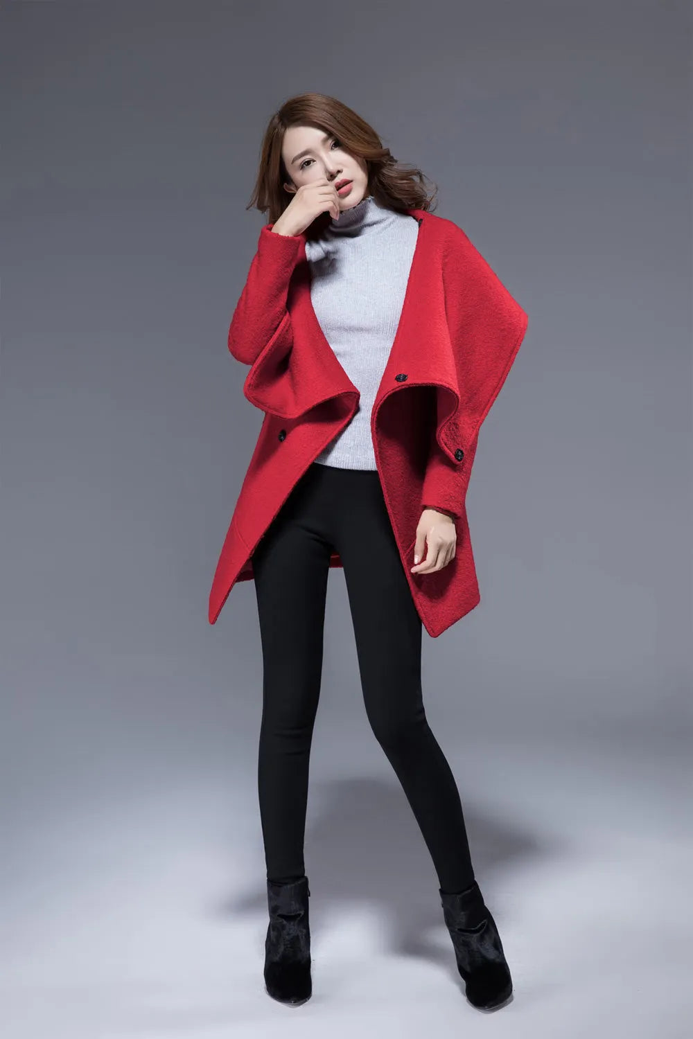 Red Wool Biker Jacket - Short Coat with Oversized Cowl Neck and Hood 1829
