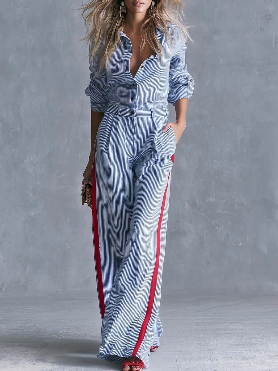 Casual Fashion Lapel Button-front Light Blue Striped Jumpsuit