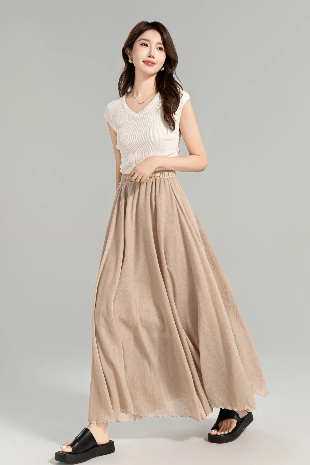 Beige Linen Maxi Skirt - Flowy Circle Silhouette with Elastic Waistband 4959