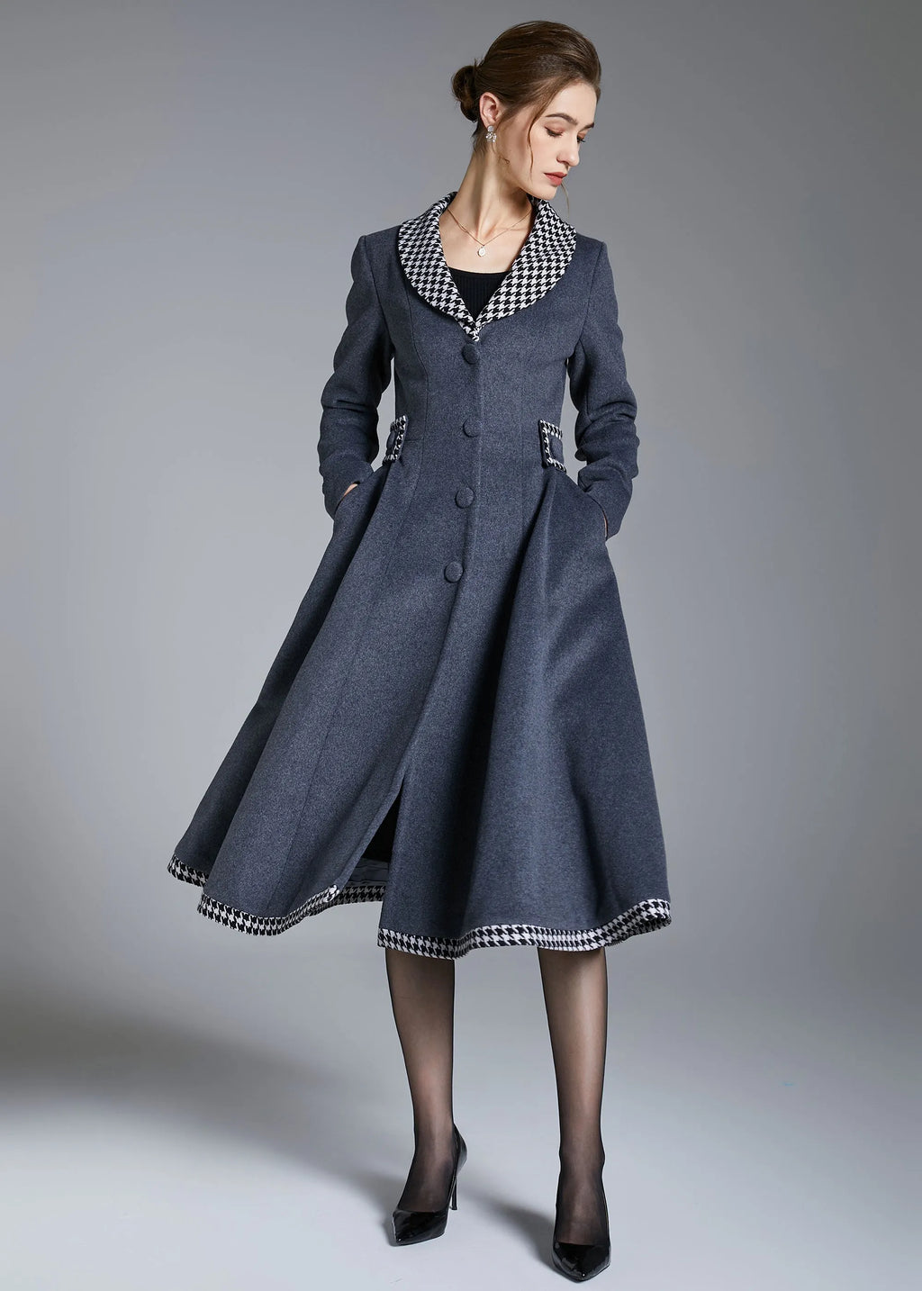 Gray Wool Coat with Houndstooth Trim – Elegant Fit & Flare Winter Coat 3871