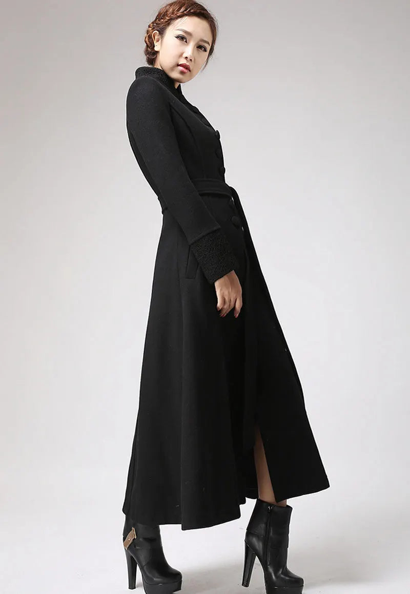 Handmade Black Wool Maxi Coat – Elegant Mandarin Collar Winter Overcoat with Belt 