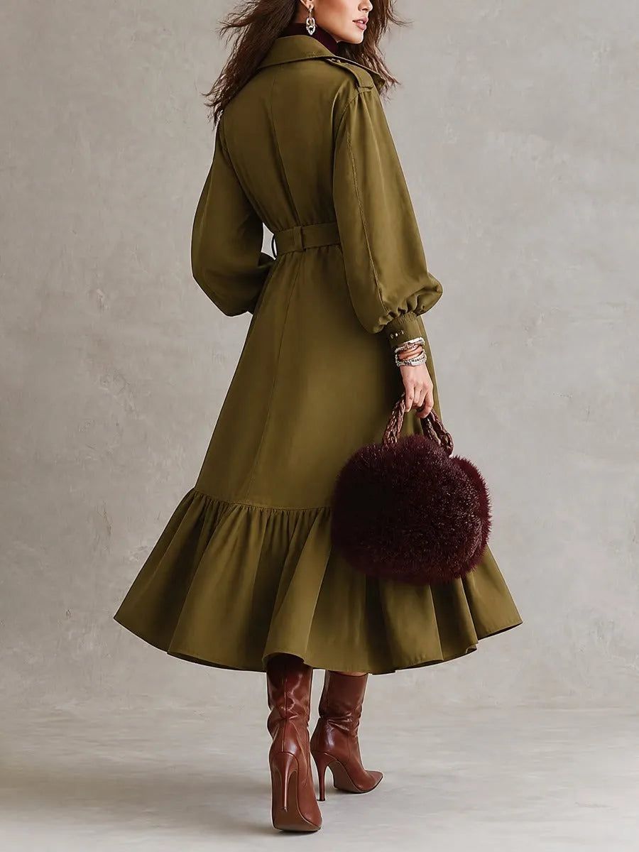 Vintage Belted Utility Cargo Pockets Trench Coat With Ruffle Hem