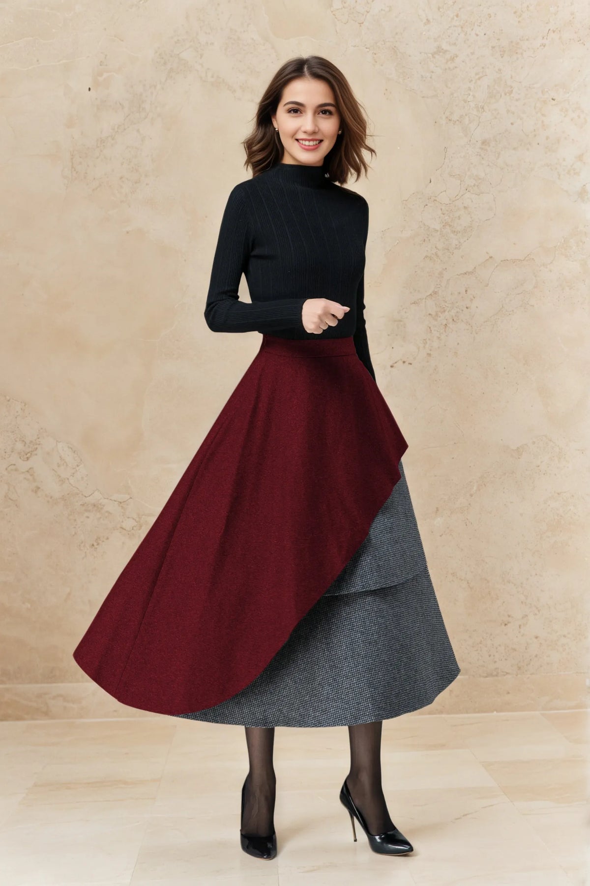 Dark Red Wool Maxi Skirt - Layered Houndstooth & Asymmetrical Hem 6516