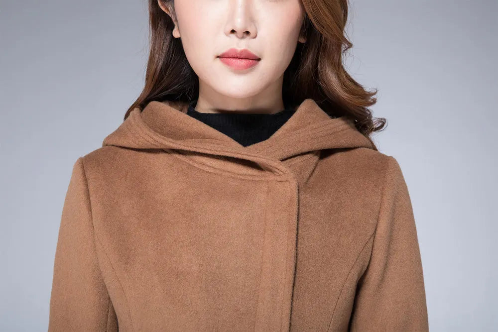 Camel Wool Blend Hooded Coat – Handmade Short Winter Jacket 1864