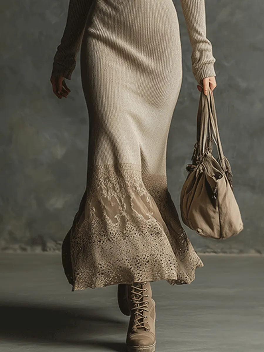 Elegant Zip-Neck Beige Knitted Maxi Dress