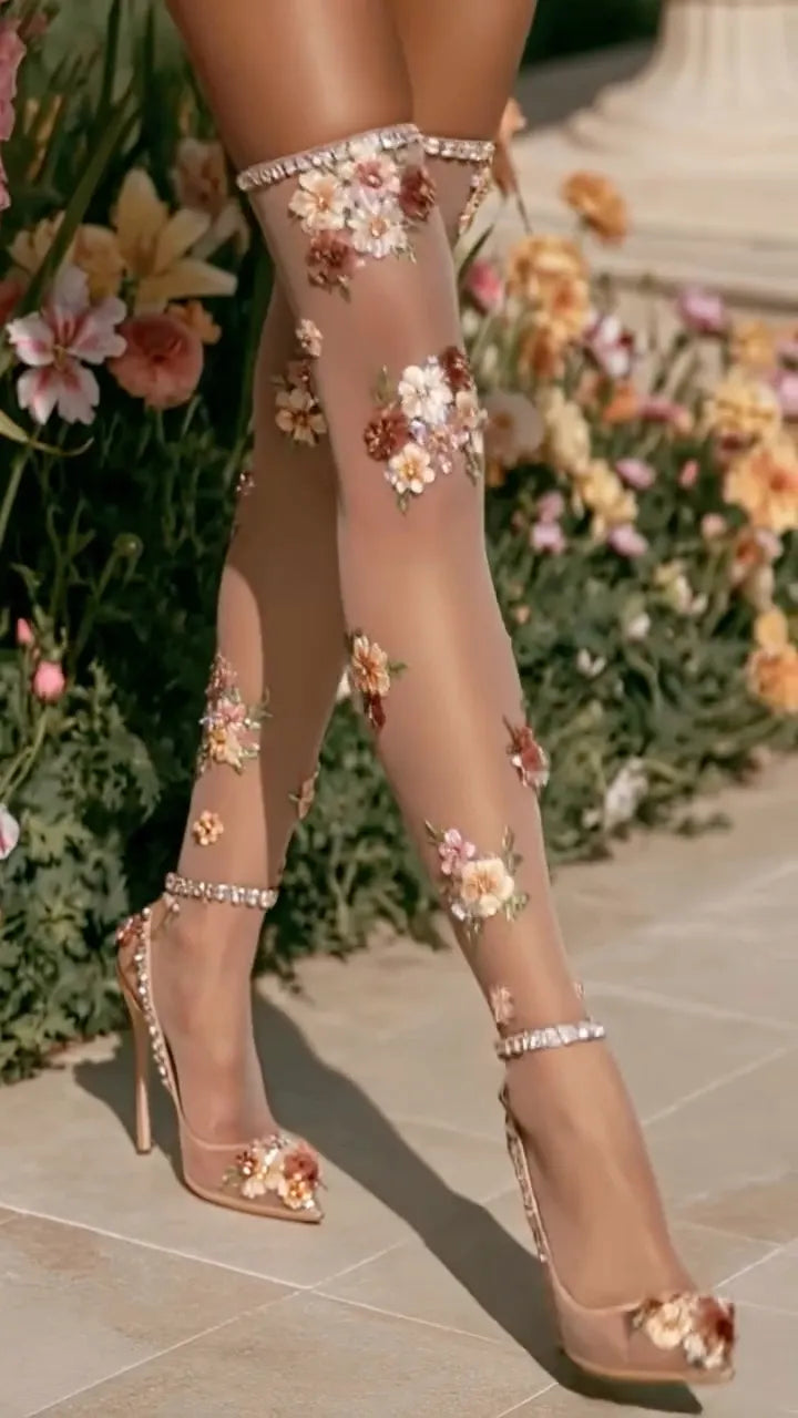Floral Rhinestone Over‐the‐knee Socks 