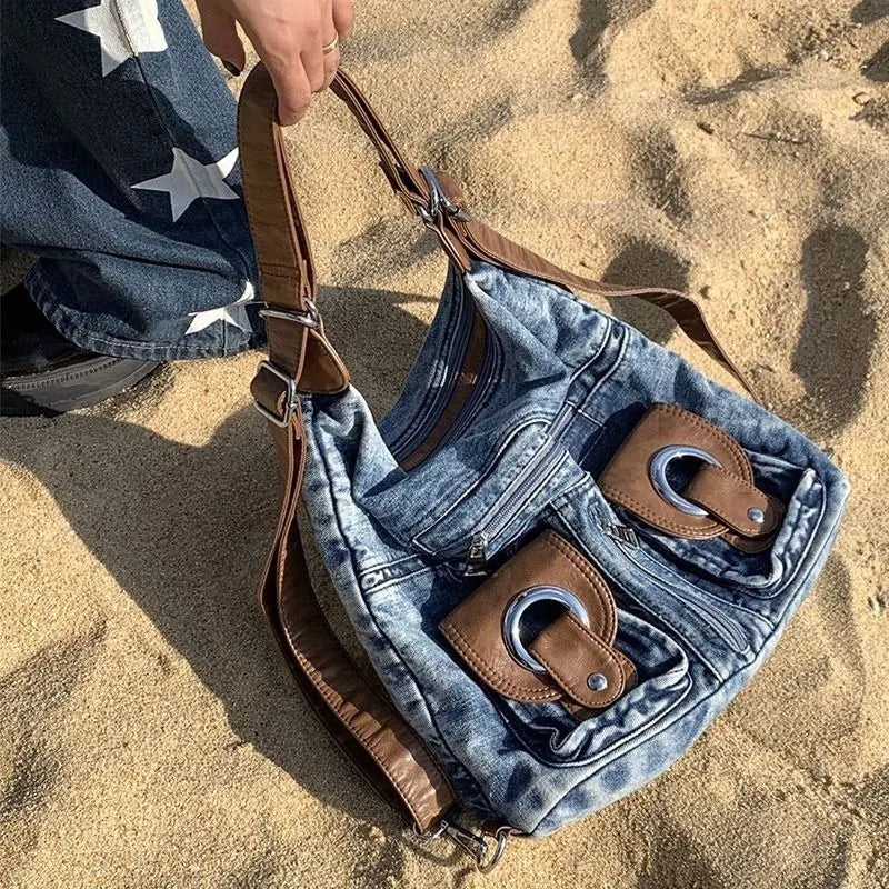 Women's Vintage Stylish Denim Handbag With Leather Accents