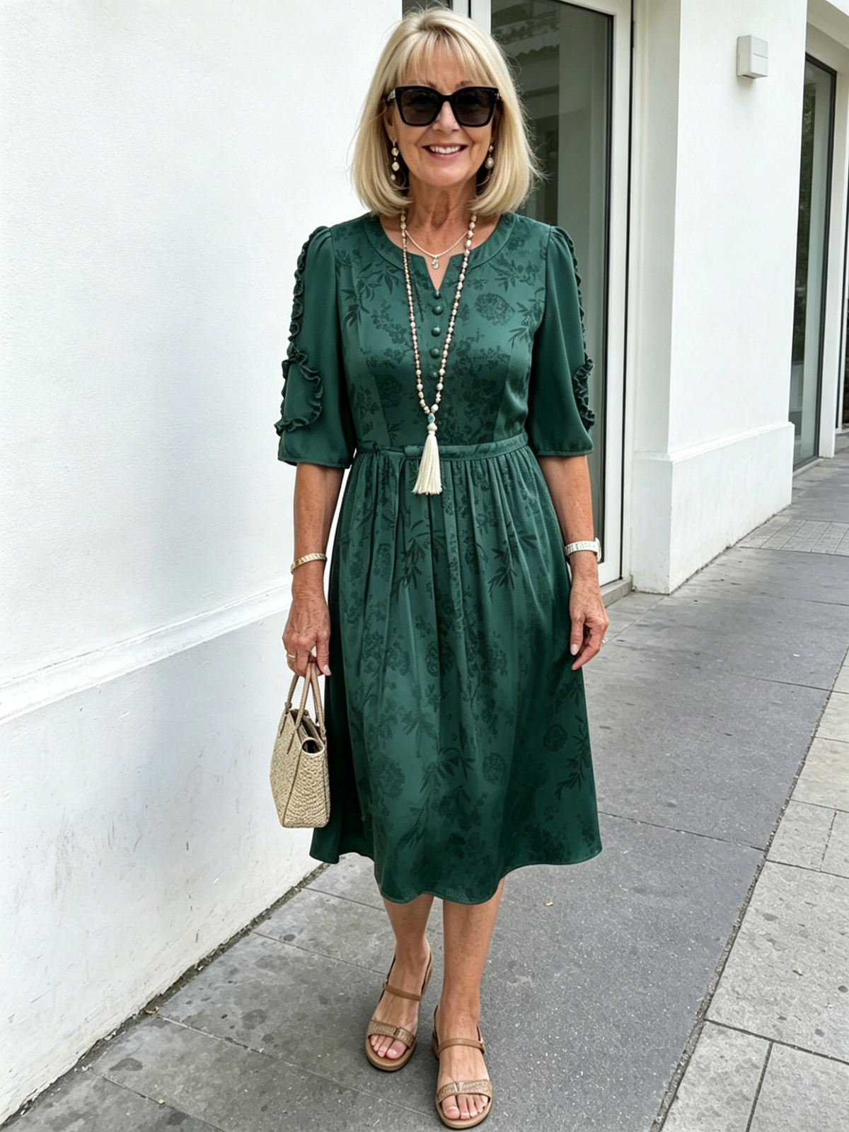 Coffee Brown Floral Print Midi Dress, Split Neck Button Front Ruffle 3/4 Sleeve Tie Waist Slimming Dress for Mature Wome