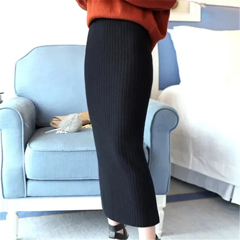 High Quality Autumn Winter Slim Belted Knitted Wool Midi Pencil Skirt