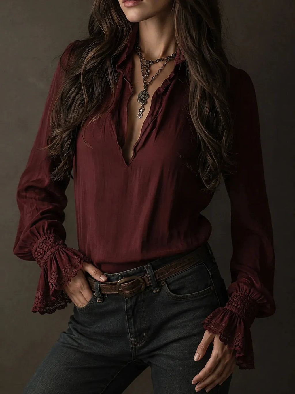Boho V-Neck Deep Wine Red Blouse With Lace Cuffs
