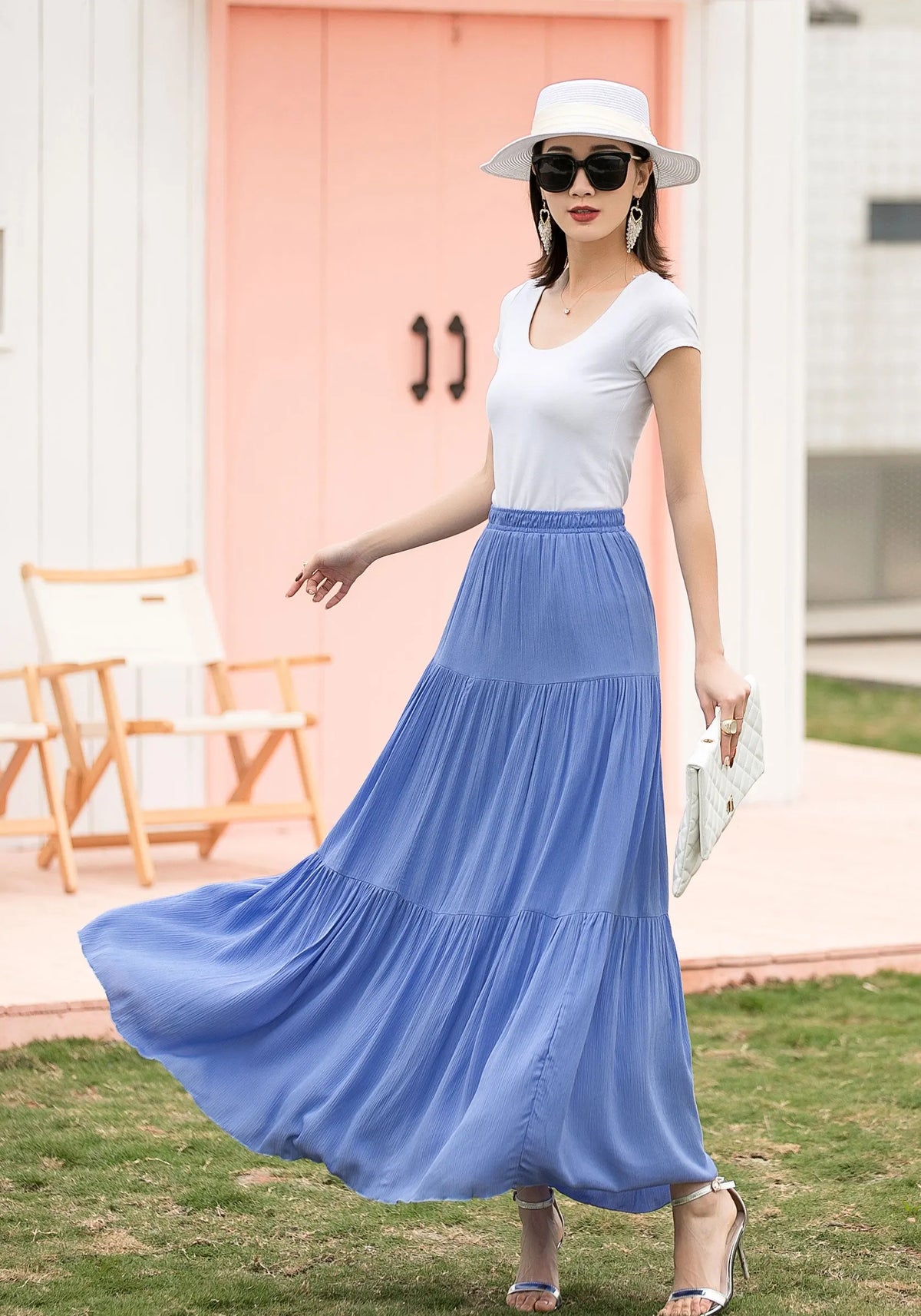 Blue Linen Cotton Maxi Skirt - Tiered, Elastic Waist 2717
