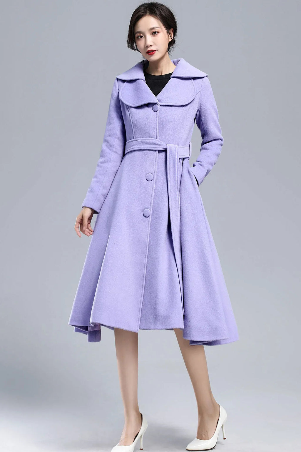 Xiaolizi Purple Wool Coat for Women – Handmade Vintage Fit-and-Flare Winter Overcoat with Double-Folded Lapel Collar 316