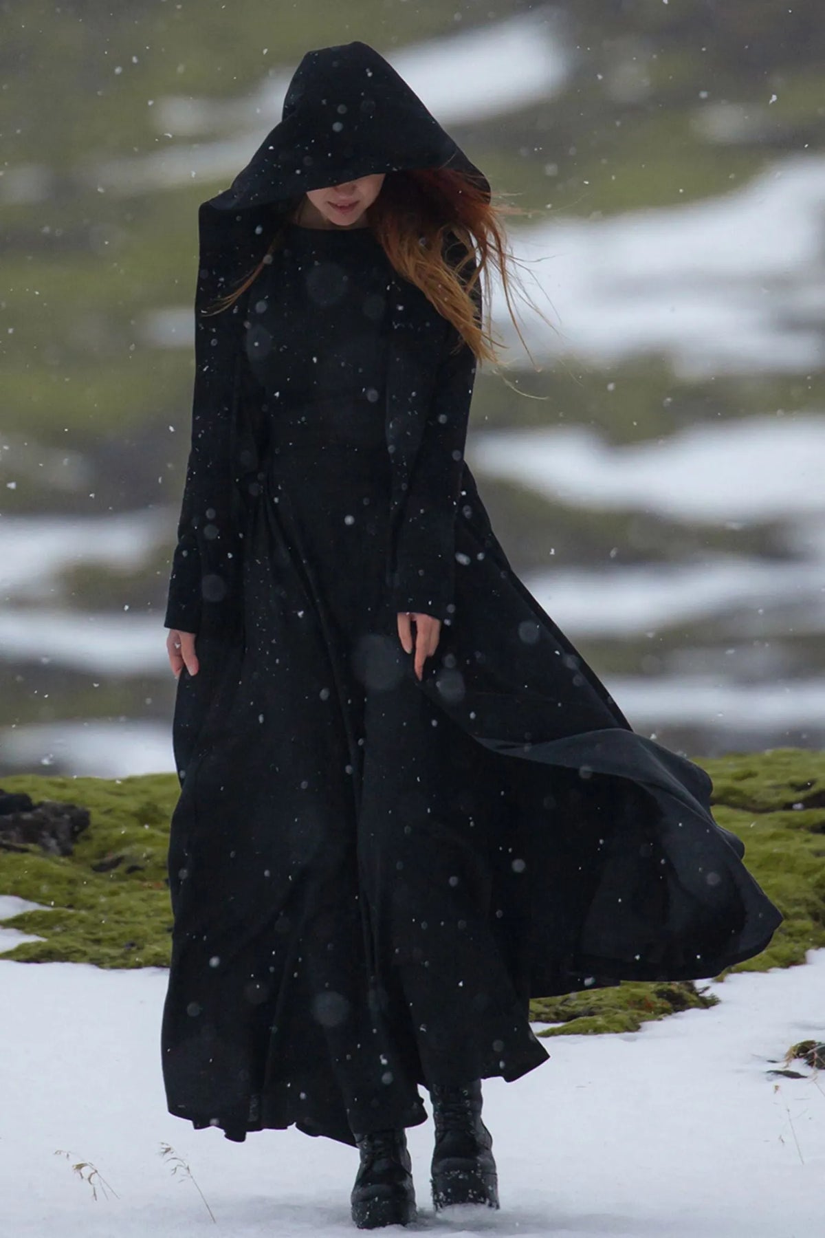 Handmade Black Wool Coat – Hooded Fit & Flare Maxi Winter Overcoat 