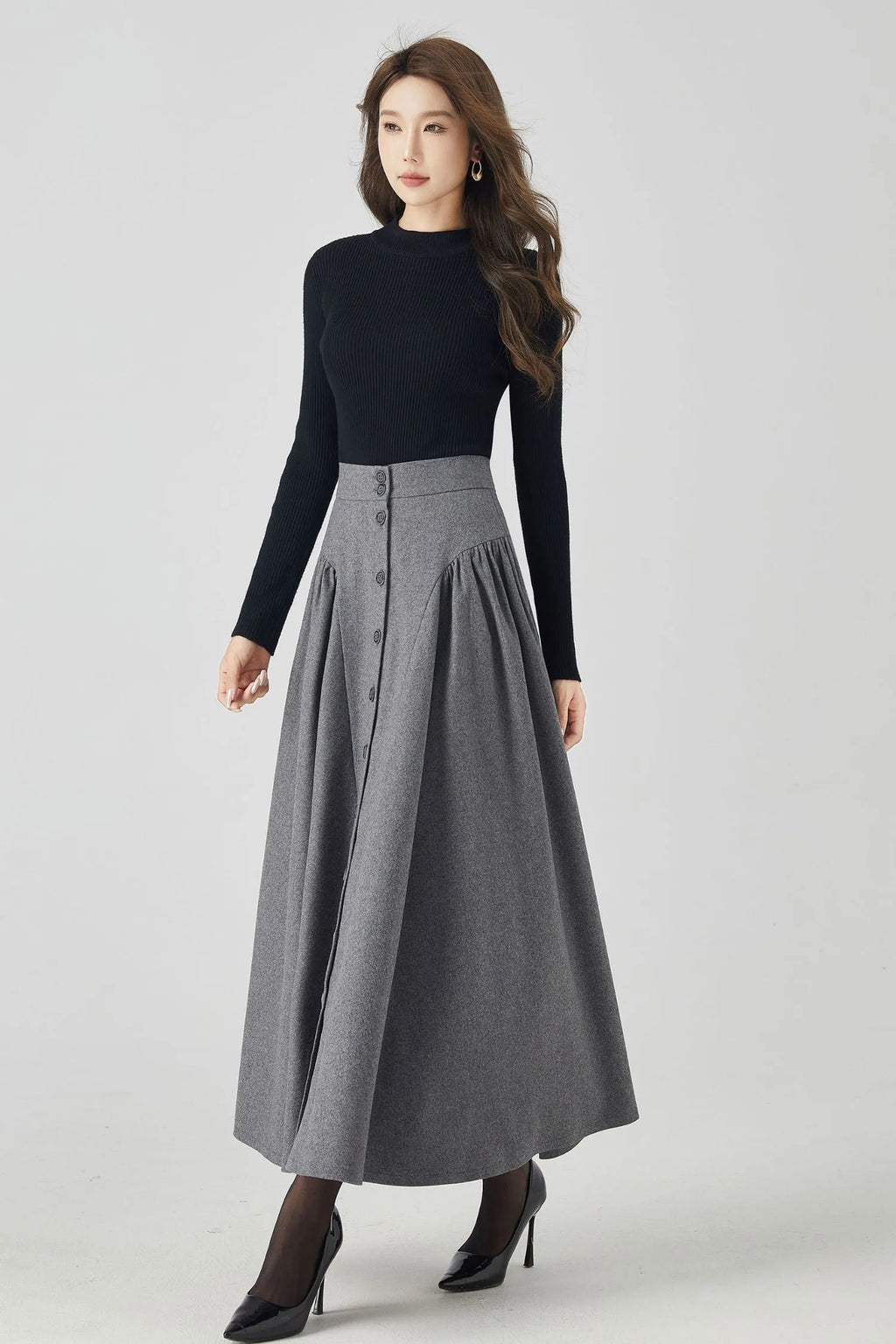 Gray Wool Maxi Skirt - Button-Down, Flowy Silhouette 4526