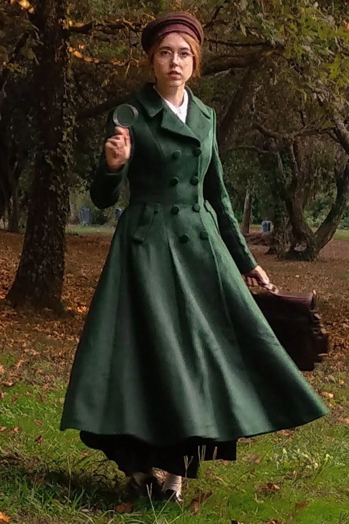 Handmade Dark Green Wool Maxi Coat – Vintage Double Breasted Fit and Flare 