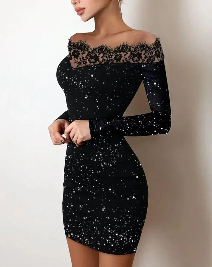 Off Shoulder Long Sleeve Contrast Lace Glitter Bodycon Mini Dress