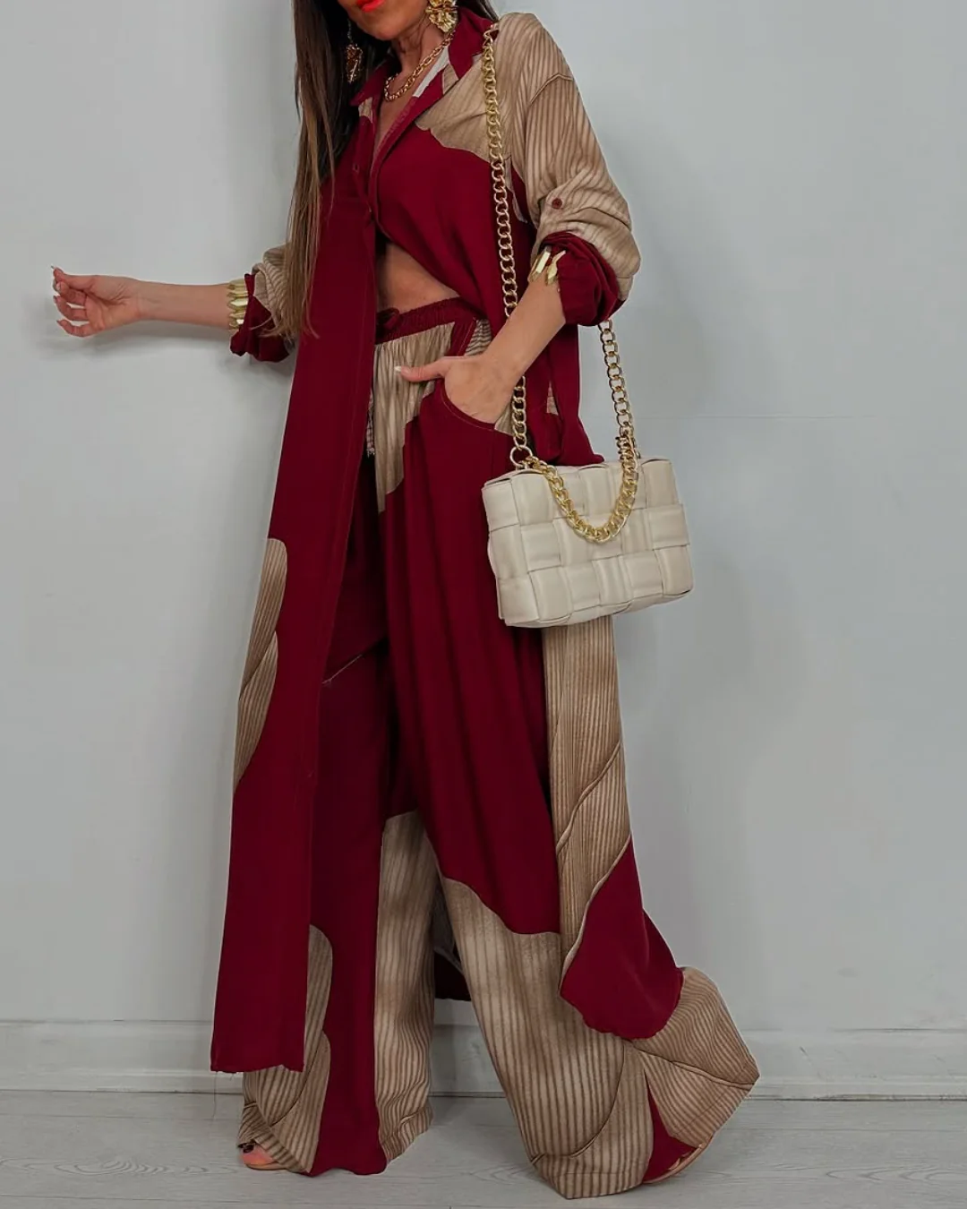 Women's V-neck Patchwork Printed Top and Pants Commuting Casual Suit