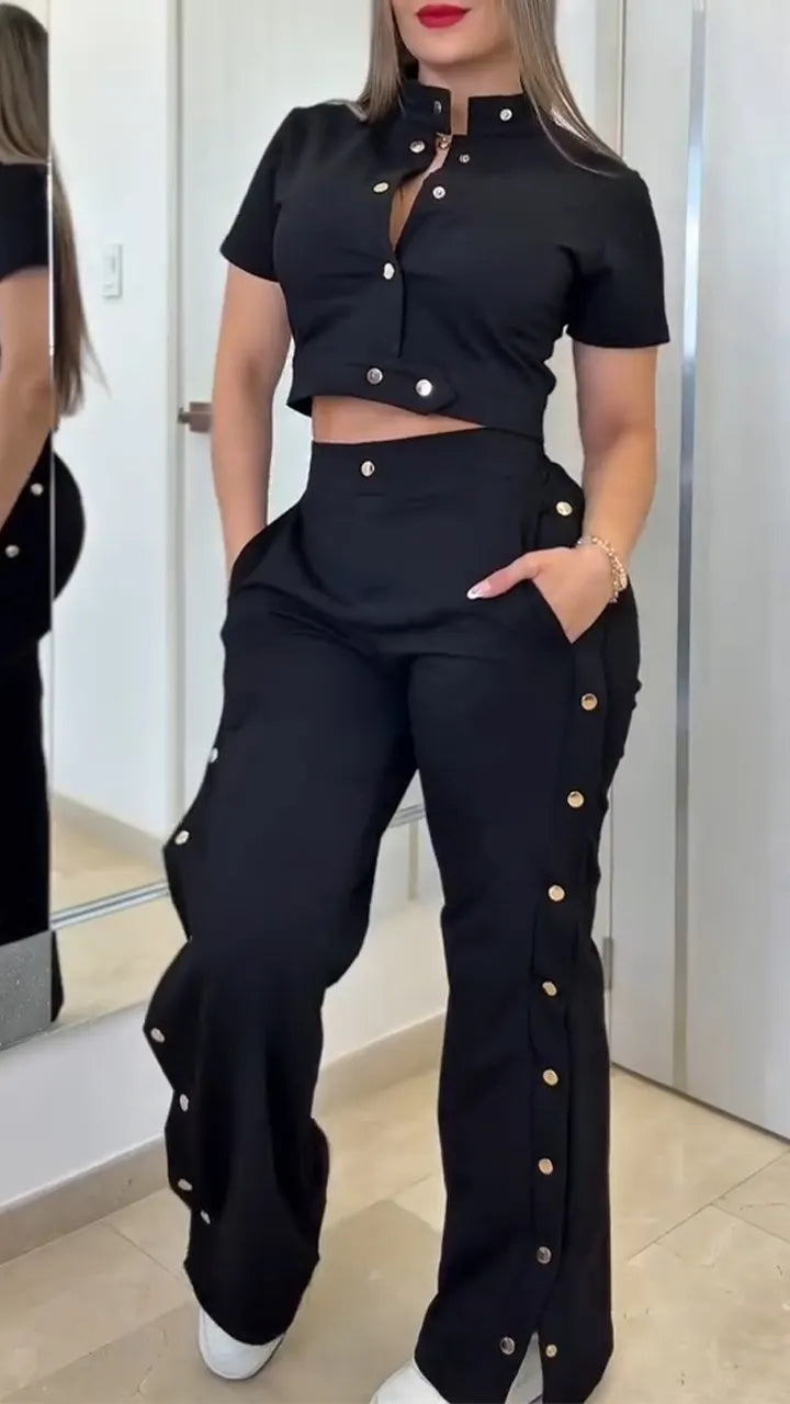 Women's Stand Collar Top + Side Button Trousers Casual Set