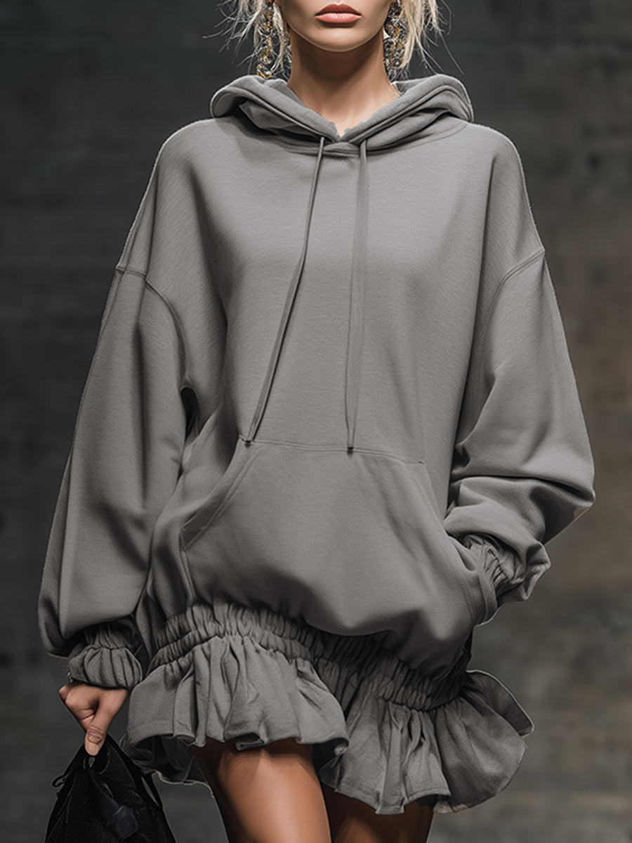 Casual And Fashionable Hooded Elastic Hem Gray Sweatshirt Mini Dress