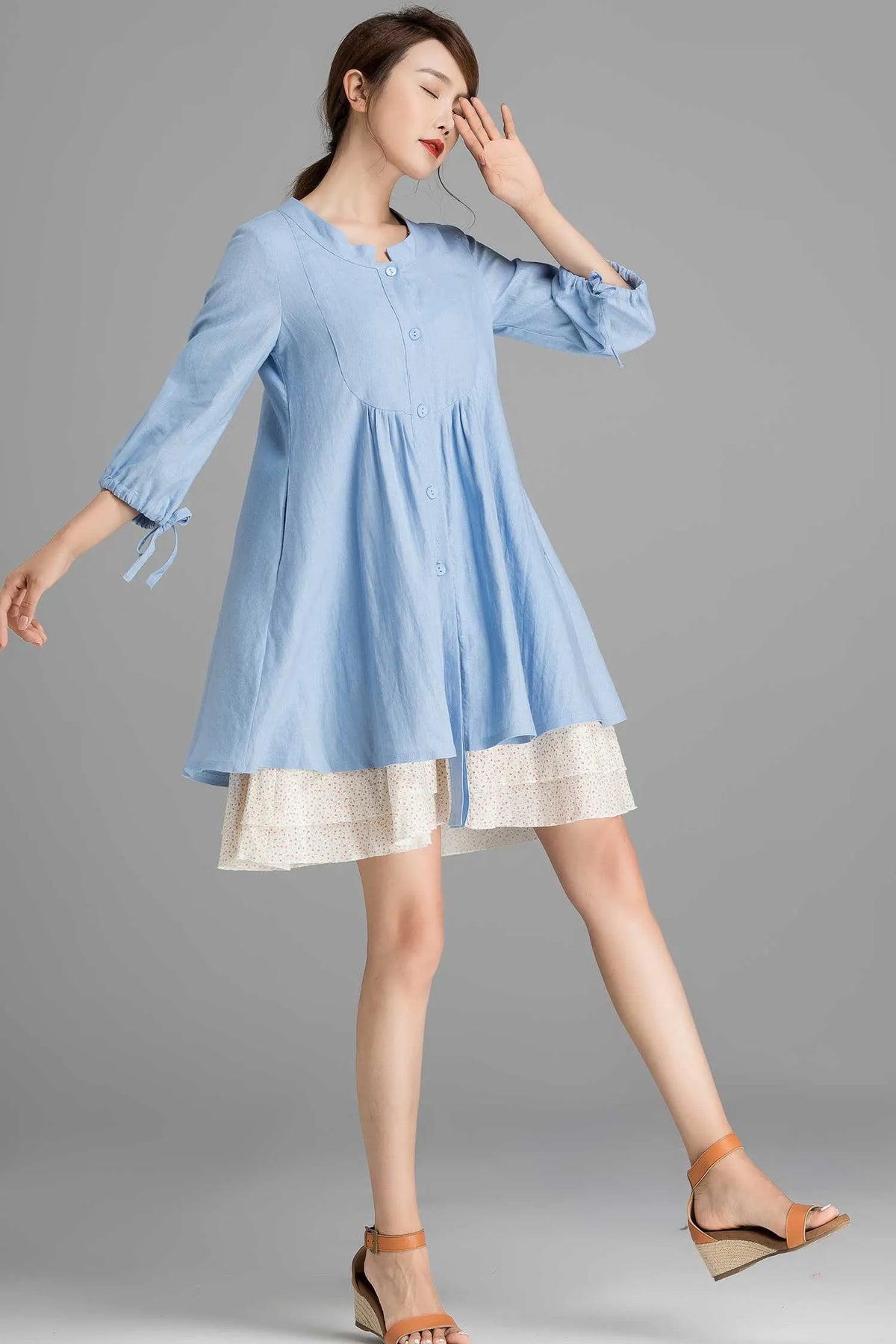 Blue Linen Blend Shirt Tunic Dress - Oversized Bishop Sleeve 2358