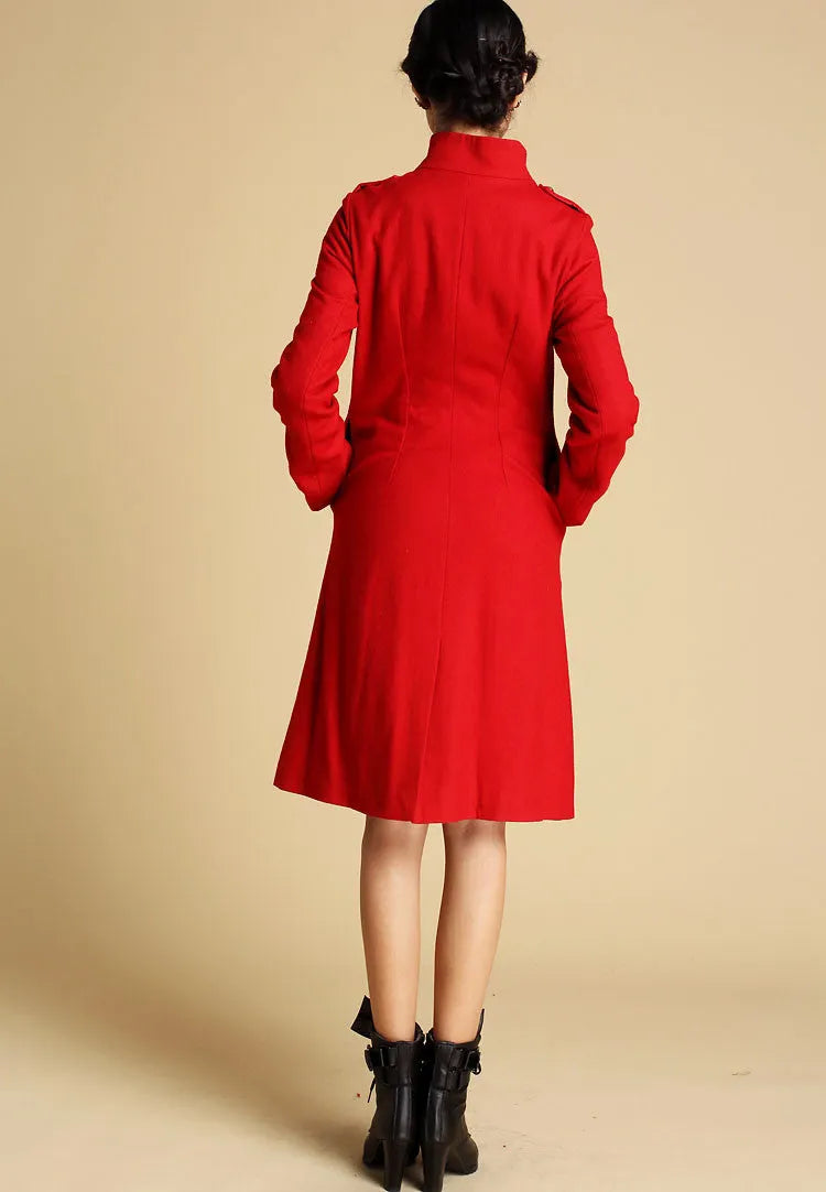 Vintage Wool Coat for Women – Handmade Red Military Style Midi Winter Coat with Sculpted Collar 
