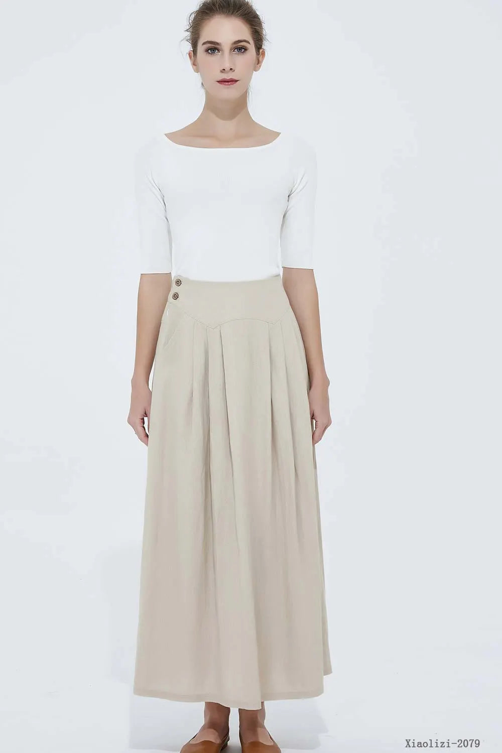 Beige Linen Blend A-Line Ankle Skirt - Pockets Fitted Waist 