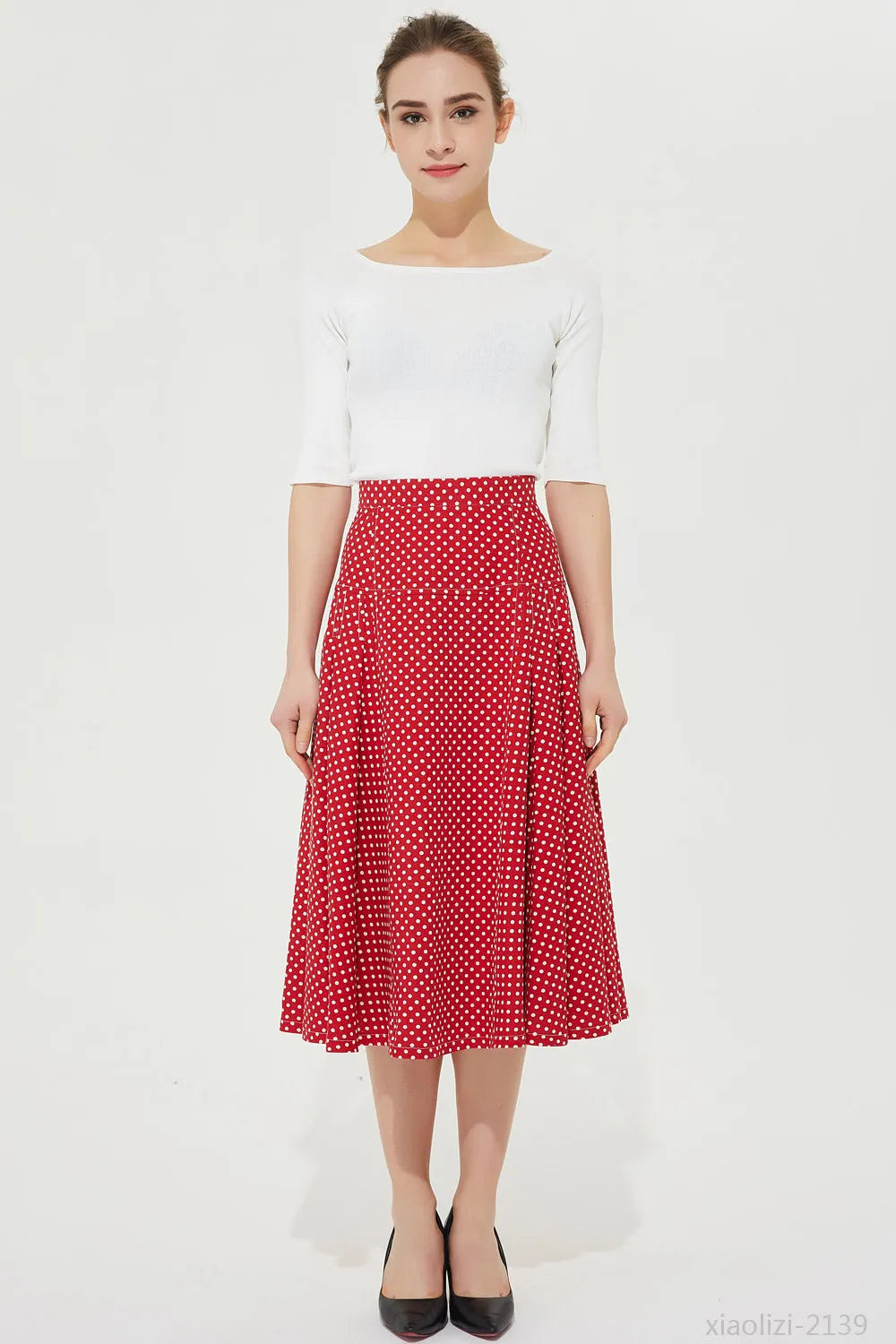 Red Polka Dot Linen Midi Skirt - High Waisted Pleated Flare 2139