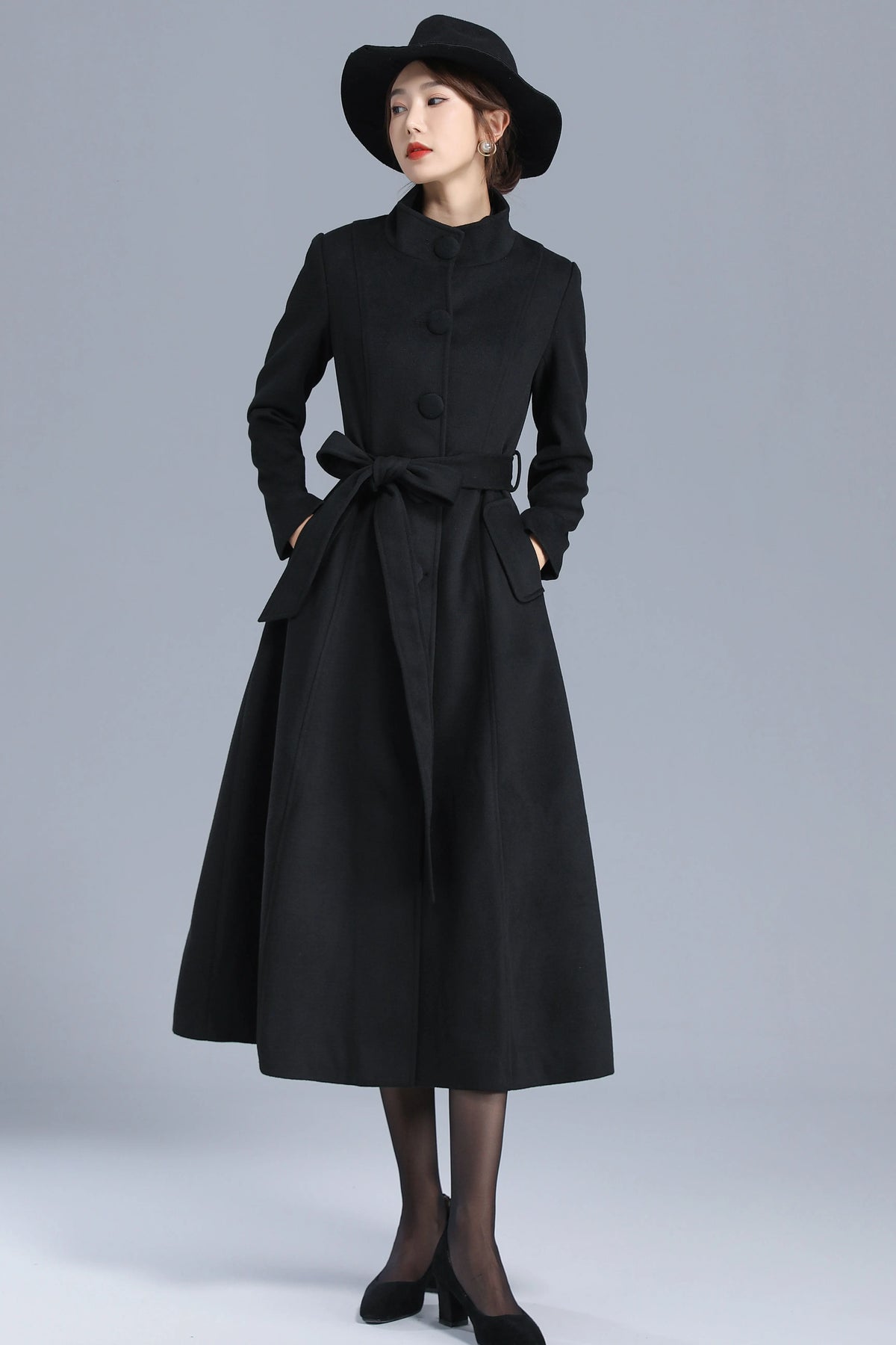 Black Wool Blend Coat - High Neck, Belted, Mid-Calf Length 3202