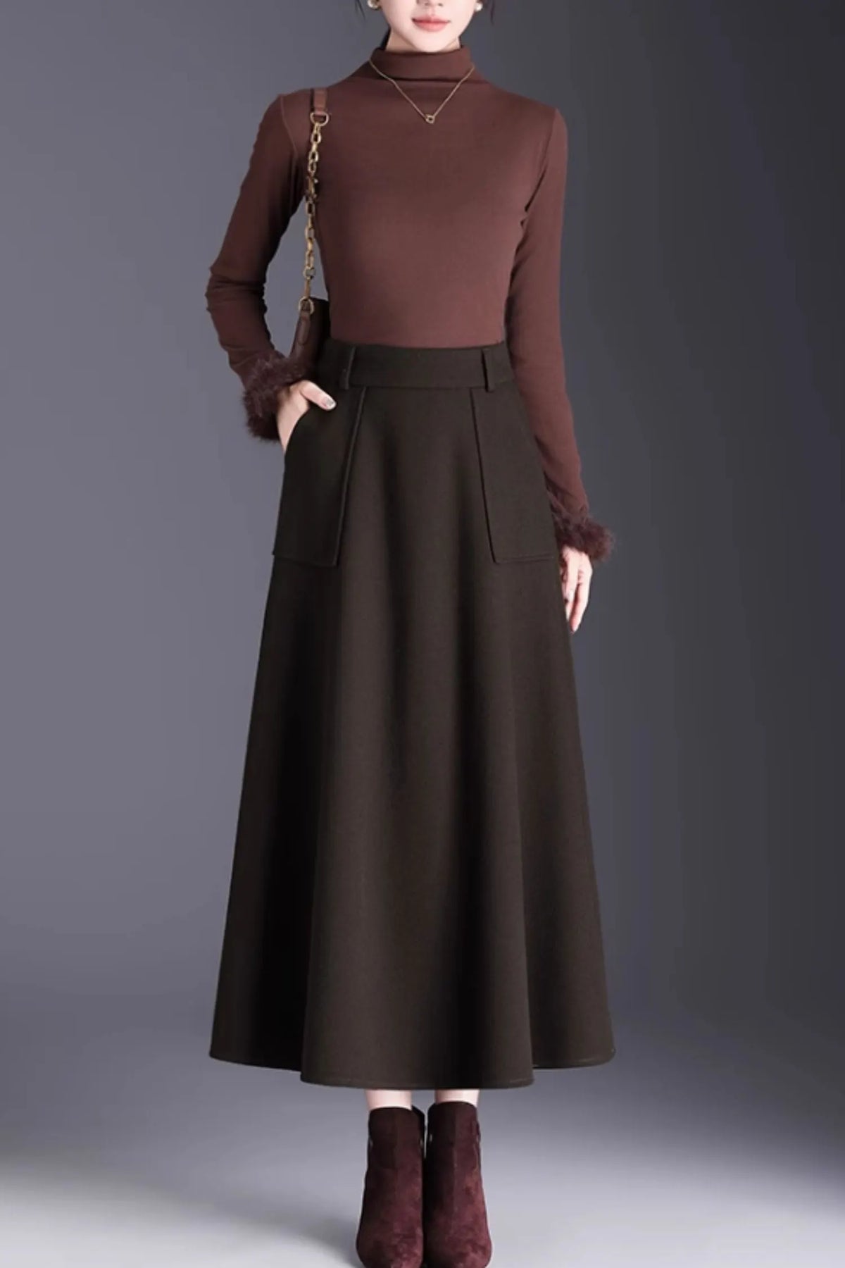 Brown Wool A-Line Midi Skirt with Pockets - Winter Warmth 6141