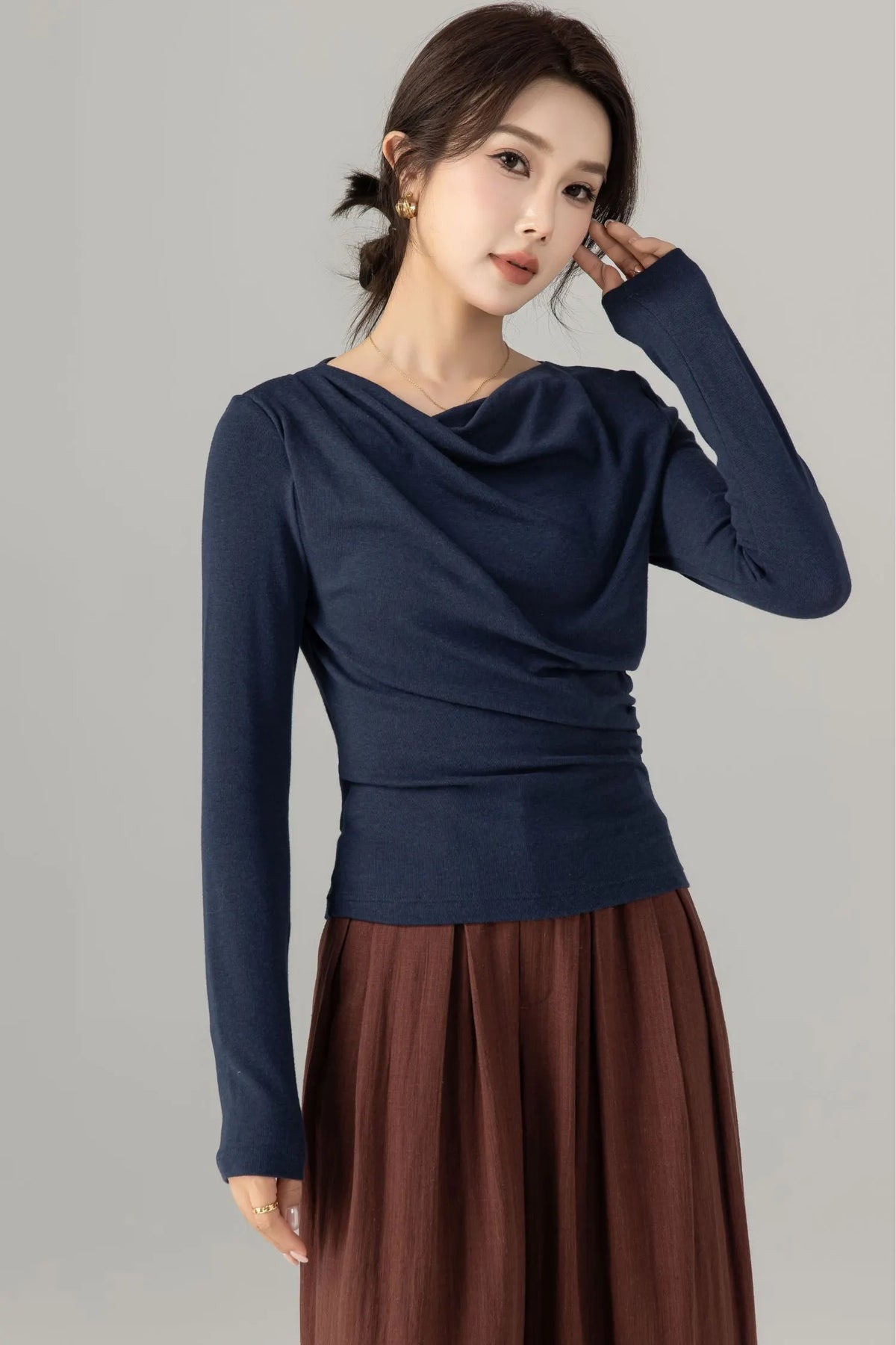 Navy Cotton Knit Long Sleeve Top - Slim Fit Drape Neck 5699